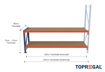 2,3 m table de travail d’extension MFW1000-AT / profondeur 80 cm / hauteur 750  - 1.150 mm / 2 niveaux / platelage Bois 