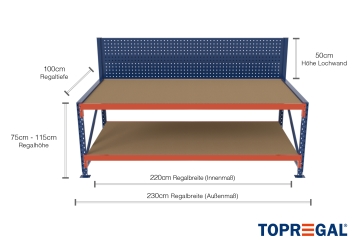 2,3 m table de travail de base MFW1000-AT / profondeur 100 cm / hauteur 750  - 1.150 mm / 2 niveaux / platelage Bois / paroi arrière perforée 