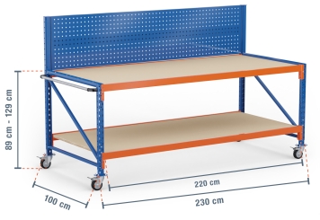 2,3 m table de travail mobile MFW1000-ATF / profondeur 100 cm / hauteur 890  - 1.290 mm / 2 niveaux / platelage Bois / paroi arrière perforée 