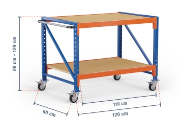 1,2 m table de travail mobile MFW1000-AT / profondeur 80 cm / hauteur 890  - 1.290 mm / 2 niveaux / platelage Contre-plaqué 