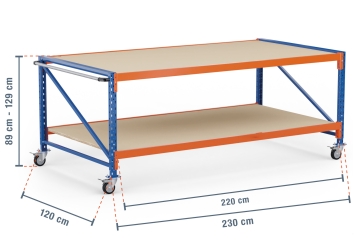 2,3 m table de travail mobile MFW1000-ATF / profondeur 120 cm / hauteur 890  - 1.290 mm / 2 niveaux / platelage Bois 