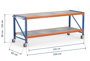 2,3 m table de travail mobile MFW1000-AT / profondeur 80 cm / hauteur 890  - 1.290 mm / 2 niveaux / platelage Acier 