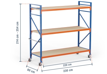 2,3 m rack de stockage mobile LR2000 / profondeur 80 cm / hauteur 2.140  - 2.540 mm / 3 niveaux / platelage Bois 