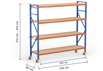 2,3 m rack de stockage mobile LR2000 / profondeur 60 cm / hauteur 2.140  - 2.540 mm / 4 niveaux / platelage Bois 