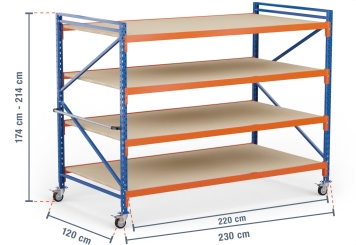 2,3 m rack de stockage mobile LR2000 / profondeur 120 cm / hauteur 1.740  - 2.140 mm / 4 niveaux / platelage Bois 
