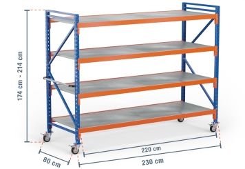 2,3 m rack de stockage mobile LR2000 / profondeur 80 cm / hauteur 1.740  - 2.140 mm / 4 niveaux / platelage Acier 