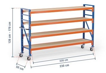 2,3 m rack de stockage mobile LR2000 / profondeur 50 cm / hauteur 1.390  - 1.790 mm / 4 niveaux / platelage Bois 