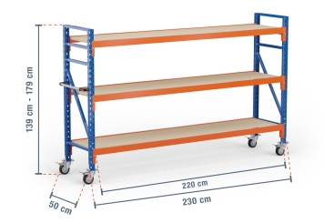 2,3 m rack de stockage mobile LR2000 / profondeur 50 cm / hauteur 1.390  - 1.790 mm / 3 niveaux / platelage Bois 