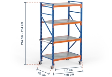 1,2 m rack de stockage mobile LR2000 / profondeur 80 cm / hauteur 2.140  - 2.540 mm / 4 niveaux / platelage Acier 