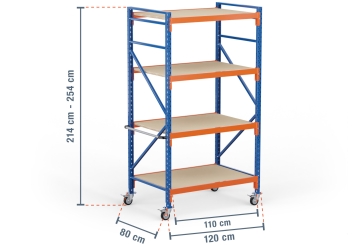 1,2 m rack de stockage mobile LR2000 / profondeur 80 cm / hauteur 2.140  - 2.540 mm / 4 niveaux / platelage Bois 