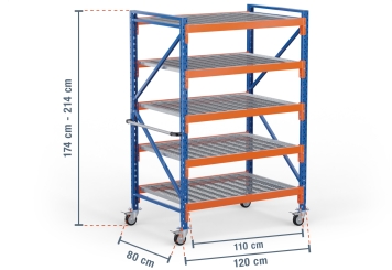 1,2 m rack de stockage mobile LR2000 / profondeur 80 cm / hauteur 1.740  - 2.140 mm / 5 niveaux / platelage Grillage 