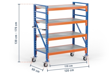 1,2 m rack de stockage mobile LR2000 / profondeur 60 cm / hauteur 1.390  - 1.790 mm / 4 niveaux / platelage Acier 