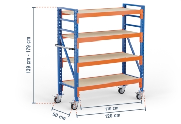 1,2 m rack de stockage mobile LR2000 / profondeur 50 cm / hauteur 1.390  - 1.790 mm / 4 niveaux / platelage Bois 