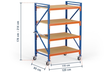 1,2 m rack de stockage mobile LR2000 / profondeur 80 cm / hauteur 1.740  - 2.140 mm / 4 niveaux / platelage Contre-plaqué 