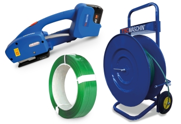 Kit de cerclage Expert : chariot dérouleur, appareil de cerclage avec batterie de rechange, feuillard de cerclage PET (composé à 99 % de matériaux recyclés), TecMaschin 
