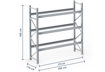 2,8 m pallet rack PR9000F galvanised / 110 cm deep / 4 m high / 3 levels for 12 euro pallets 
