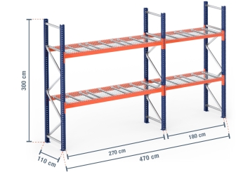 4,7 m pallet racking PR9000 / 110 cm deep / 3 m high / 2 levels / rack layer Wire mesh 
