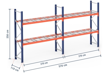 5,7 m pallet racking PR9000 / 110 cm deep / 2,5 m high / 2 levels / rack layer Wire mesh 