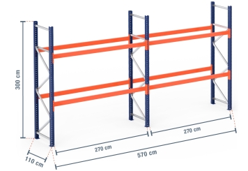 5,7 m pallet rack PR9000 / 110 cm deep / 3 m high / 2 levels for 18 euro pallets 