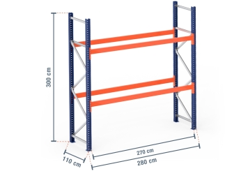 2,8 m pallet rack PR9000 / 110 cm deep / 3 m high / 2 levels for 9 euro pallets 