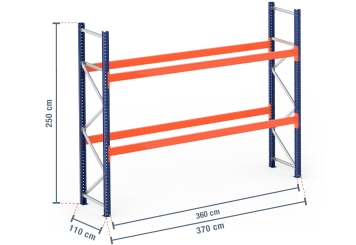 3,7 m pallet rack PR9000 / 110 cm deep / 2,5 m high / 2 levels for 12 euro pallets 