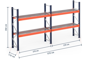 5,7 m pallet racking PR15000 / 110 cm deep / 3,5 m high / 2 levels / rack layer Galvanised mesh 