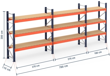 7,6 m pallet racking PR15000 / 110 cm deep / 3 m high / 3 levels / rack layer Wood 