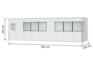 Warehouse office / prefab office PREFAB-27, 8 windows, 1 door (15 wall panels, 9 ceiling panels) 