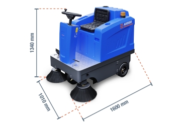 Battery-powered ride-on sweeper AKM80-1, 7.200 m²/h, 92 l dust tank, wipeket 