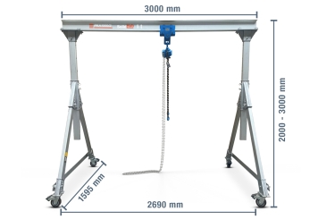 Mobiler Portalkran PKA1000/2 inkl. Kettenzug, Aluminium, max. Belastung 1.000 kg, 2.409 mm Hubhöhe, SolidHub 